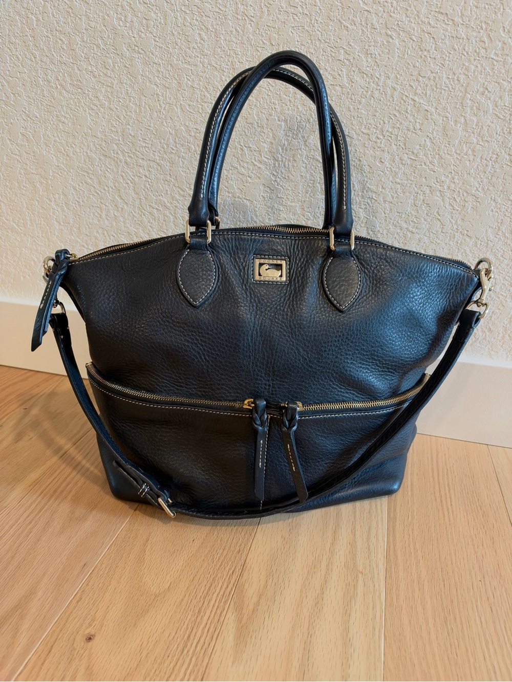 Dooney & Bourke Dillen Satchel Black Pebbled Leather Double Pocket Crossbody Bag